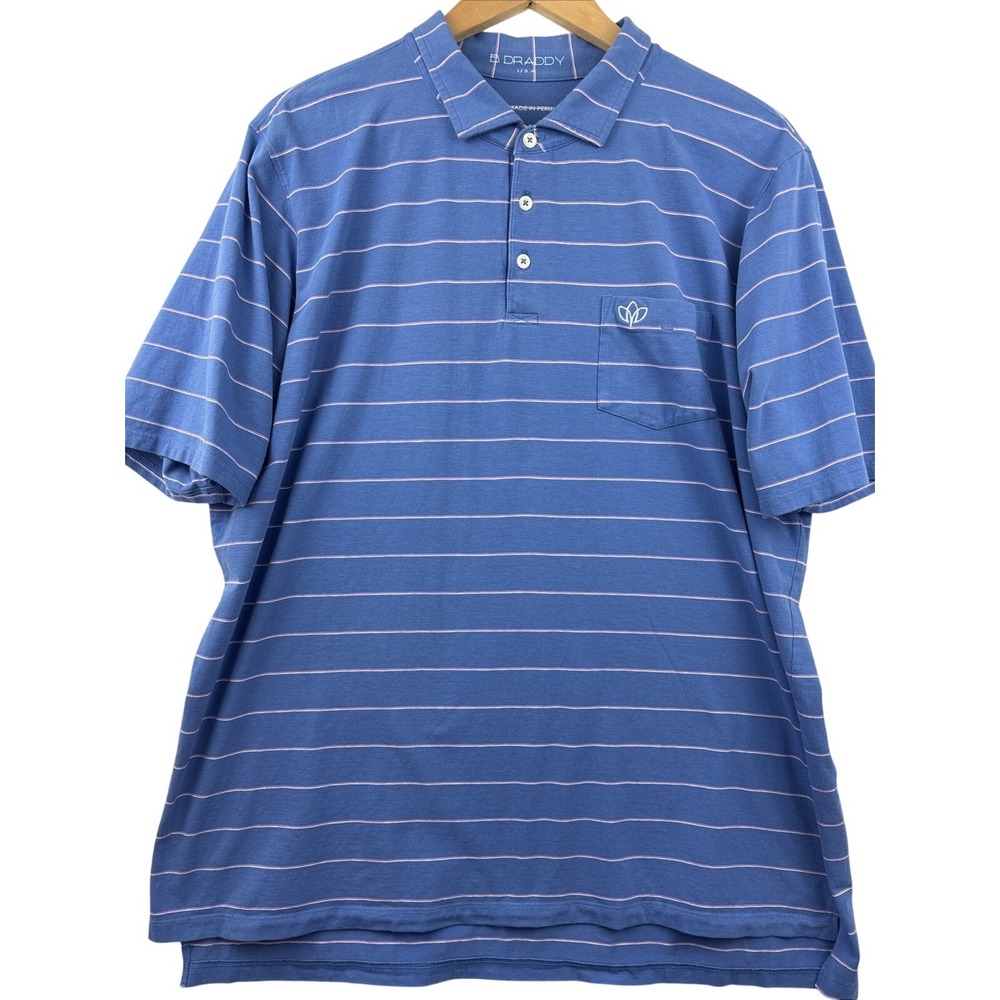B Draddy USA Polo Shirt Men's SZ XL Blue W Purple White Stripes Chest Pocket